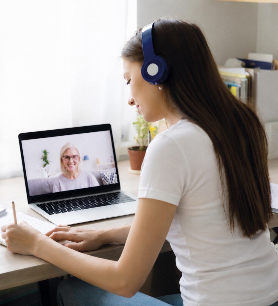 MVZ Online-Psychotherapie | Frau mit langen schwarzen Haaren und weißem Shirt sitzt an einem Tisch. Vor ihr steht ein Laptop und sie macht sich Notizen. Dabei hat sie Kopfhörer auf.