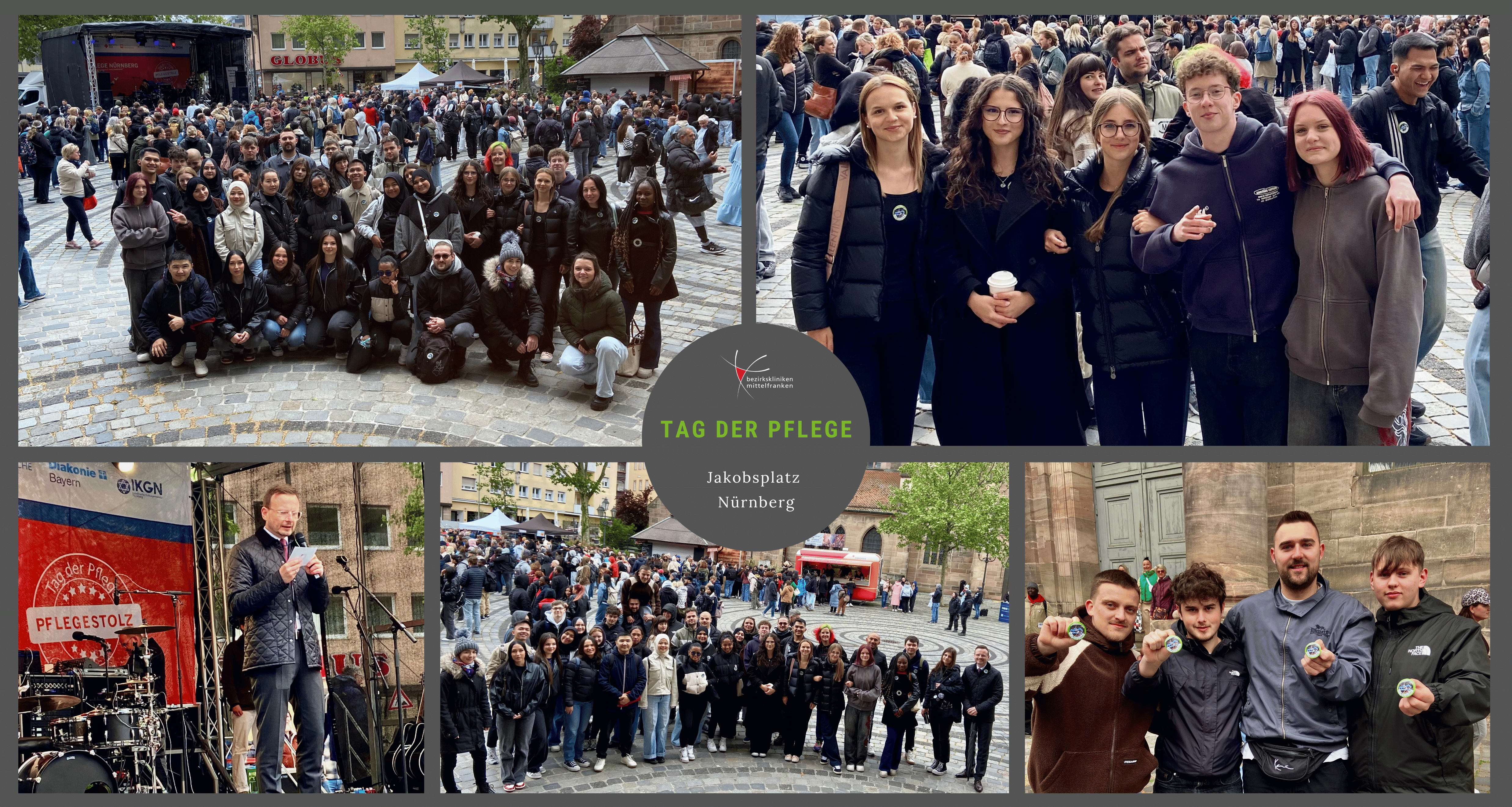 Bildcollage vom Tag der Pflege mit Gruppenbildern von den Auszubildenden der Berufsfachschule für Pflege Ansbach und Erlangen